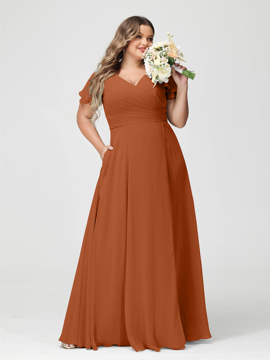 Plus Size Chiffon Bridesmaid Dress with Pockets and Side Split - A-Line Princess V-Neck Short Sleeves-BMbridal.UK