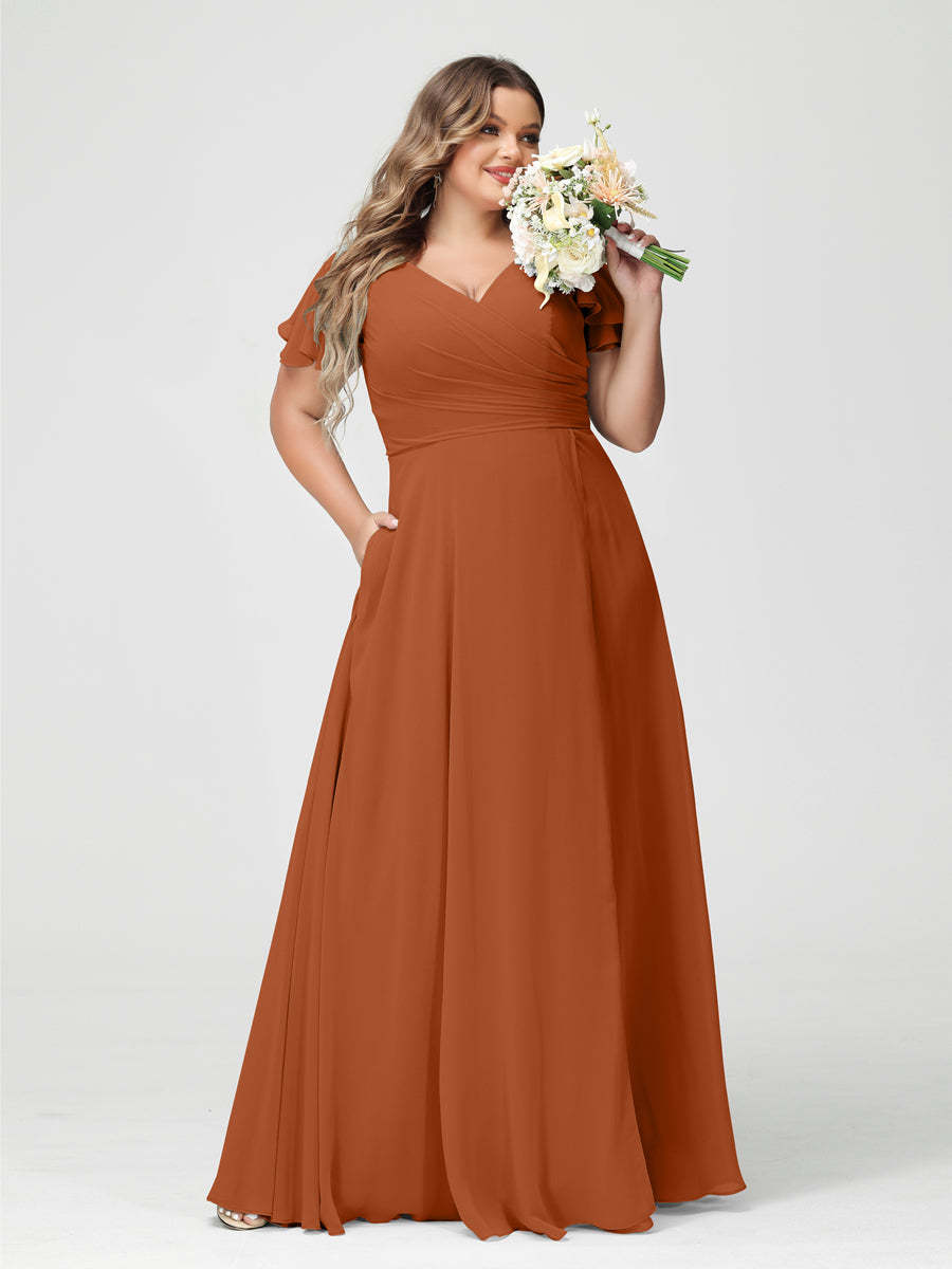 Plus Size Chiffon Bridesmaid Dress with Pockets and Side Split - A-Line Princess V-Neck Short Sleeves-BMbridal.UK