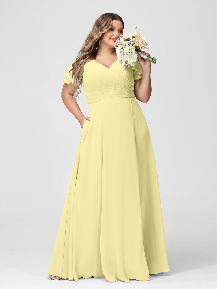 Plus Size Chiffon Bridesmaid Dress with Pockets and Side Split - A-Line Princess V-Neck Short Sleeves-BMbridal.UK