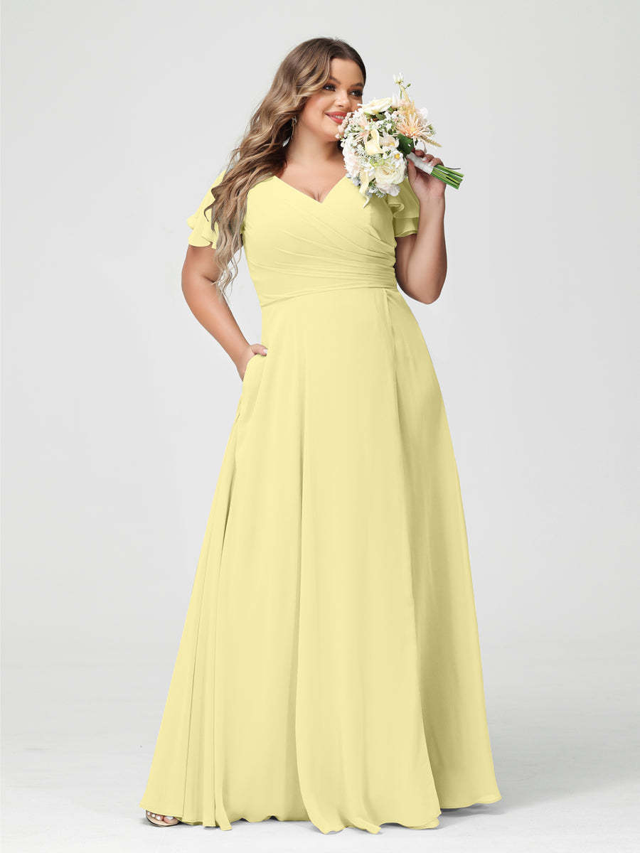 Plus Size Chiffon Bridesmaid Dress with Pockets and Side Split - A-Line Princess V-Neck Short Sleeves-BMbridal.UK