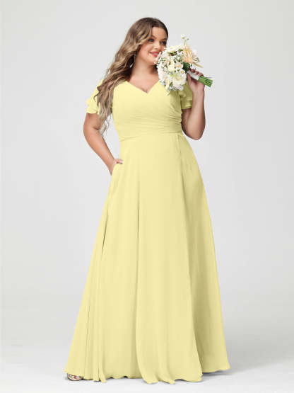Plus Size Chiffon Bridesmaid Dress with Pockets and Side Split - A-Line Princess V-Neck Short Sleeves-BMbridal.UK