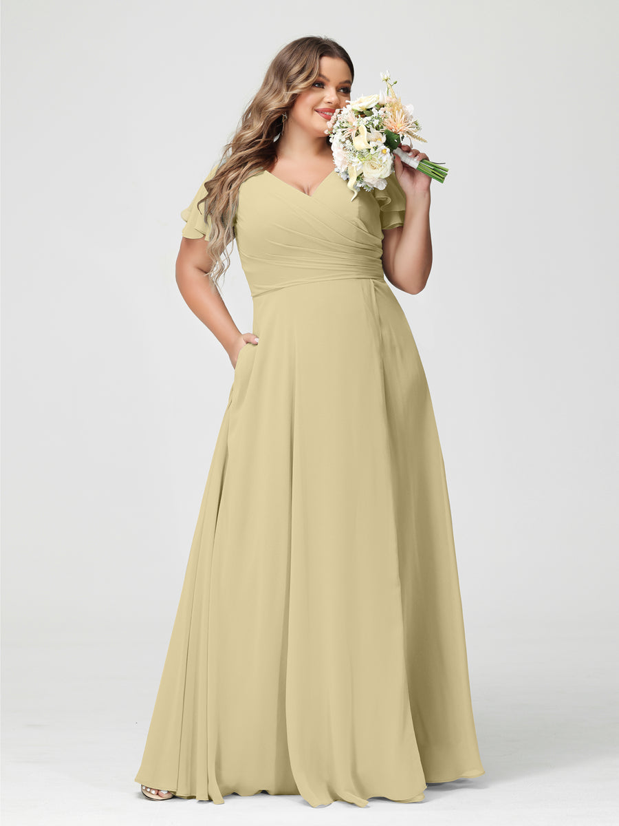 Plus Size Chiffon Bridesmaid Dress with Pockets and Side Split - A-Line Princess V-Neck Short Sleeves-BMbridal.UK