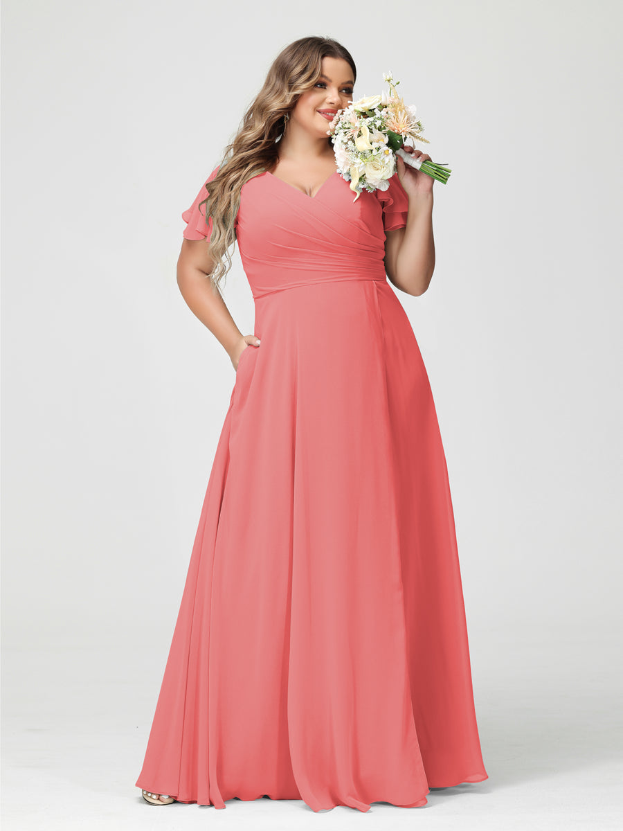 Plus Size Chiffon Bridesmaid Dress with Pockets and Side Split - A-Line Princess V-Neck Short Sleeves-BMbridal.UK