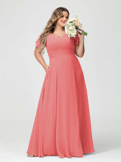 Plus Size Chiffon Bridesmaid Dress with Pockets and Side Split - A-Line Princess V-Neck Short Sleeves-BMbridal.UK