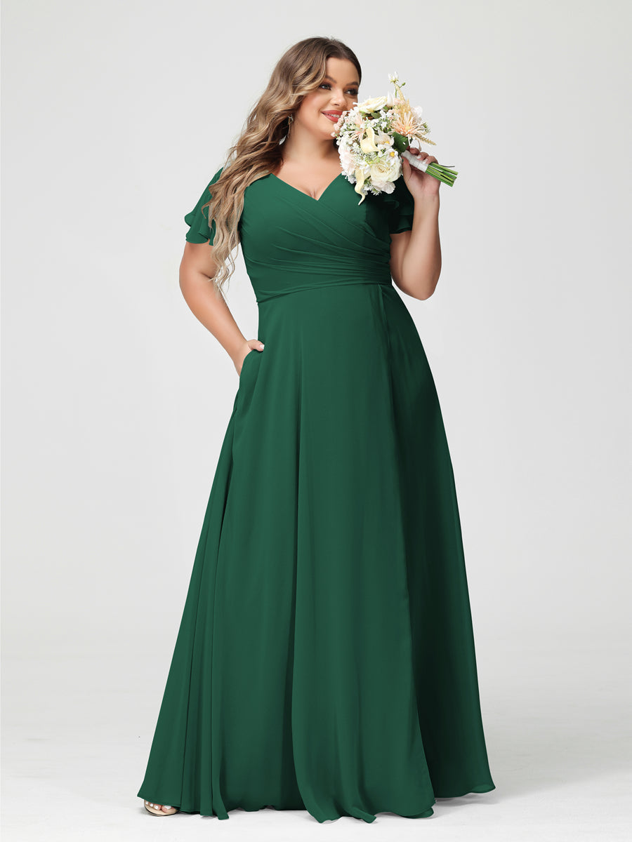 Plus Size Chiffon Bridesmaid Dress with Pockets and Side Split - A-Line Princess V-Neck Short Sleeves-BMbridal.UK