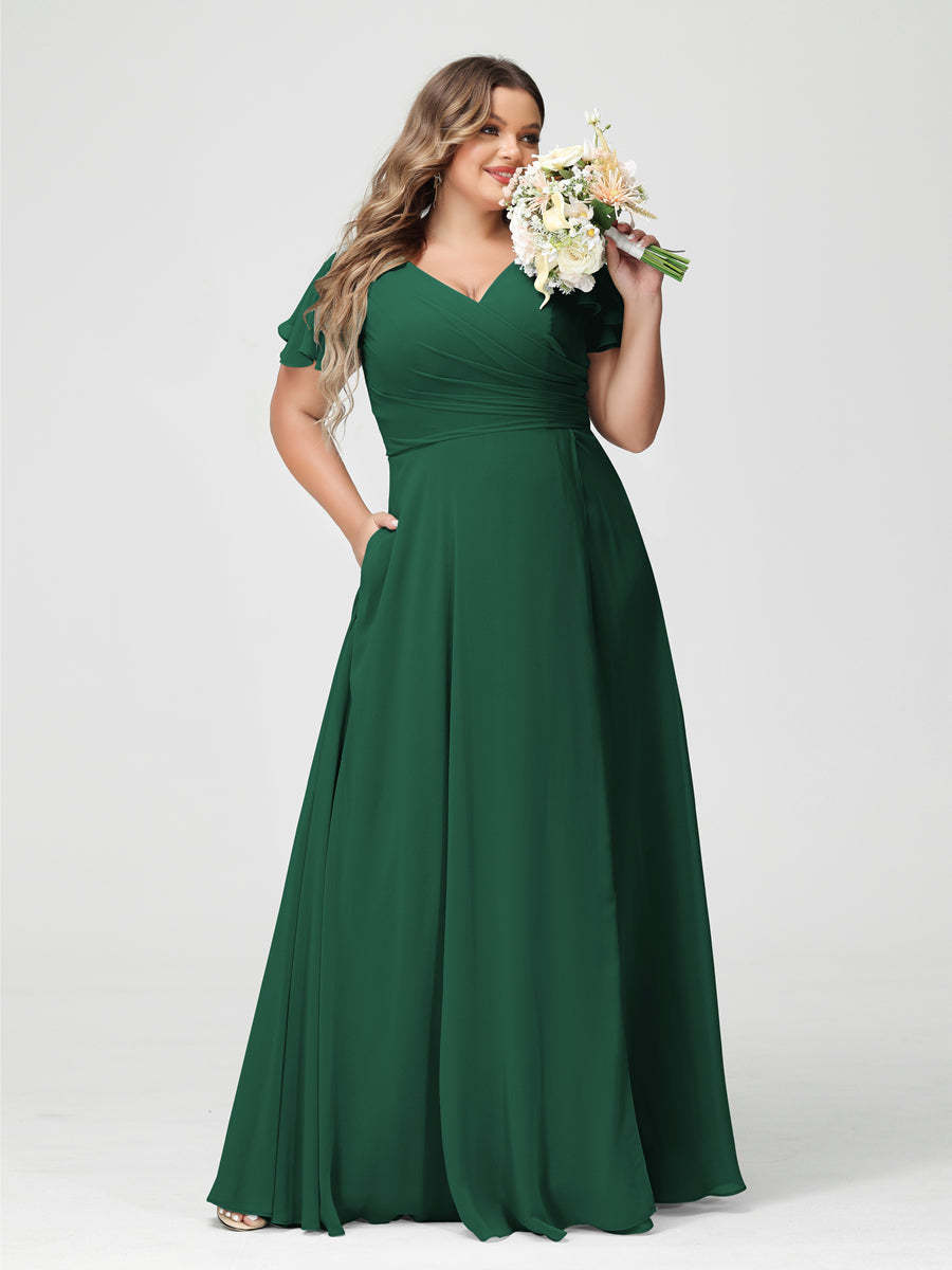Plus Size Chiffon Bridesmaid Dress with Pockets and Side Split - A-Line Princess V-Neck Short Sleeves-BMbridal.UK