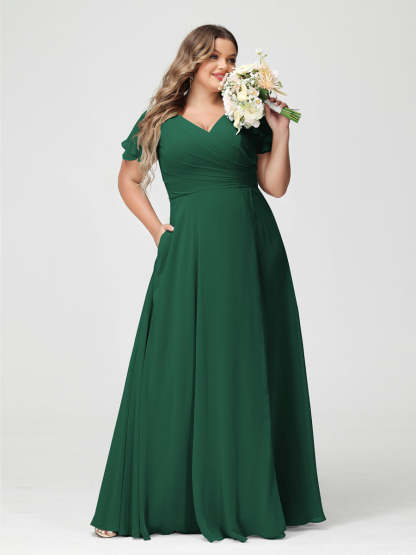 Plus Size Chiffon Bridesmaid Dress with Pockets and Side Split - A-Line Princess V-Neck Short Sleeves-BMbridal.UK
