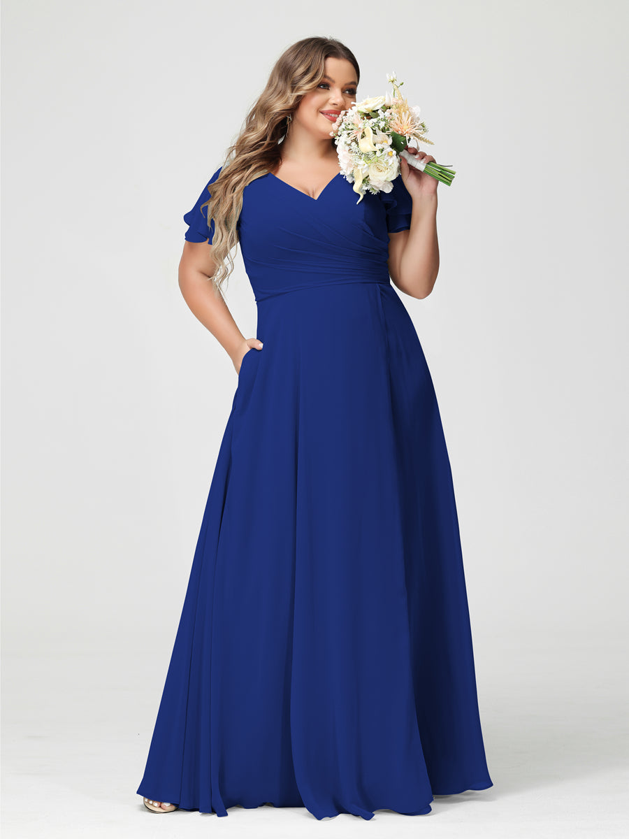 Plus Size Chiffon Bridesmaid Dress with Pockets and Side Split - A-Line Princess V-Neck Short Sleeves-BMbridal.UK