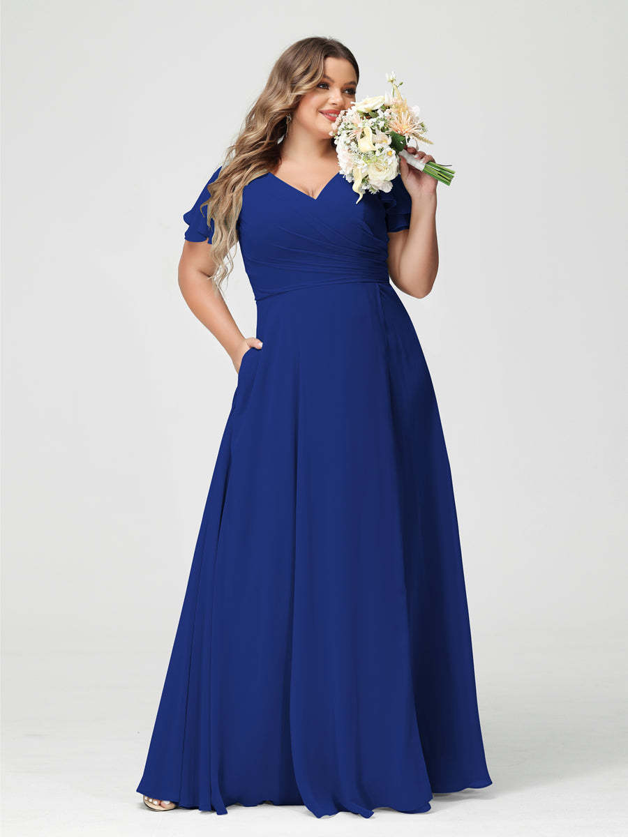 Plus Size Chiffon Bridesmaid Dress with Pockets and Side Split - A-Line Princess V-Neck Short Sleeves-BMbridal.UK
