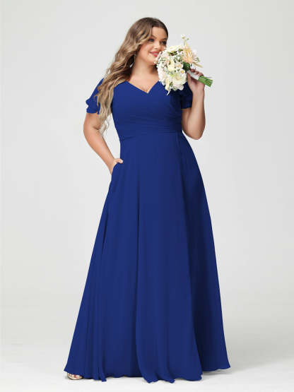 Plus Size Chiffon Bridesmaid Dress with Pockets and Side Split - A-Line Princess V-Neck Short Sleeves-BMbridal.UK