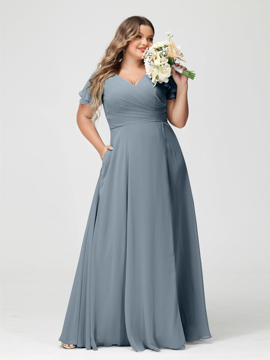 Plus Size Chiffon Bridesmaid Dress with Pockets and Side Split - A-Line Princess V-Neck Short Sleeves-BMbridal.UK