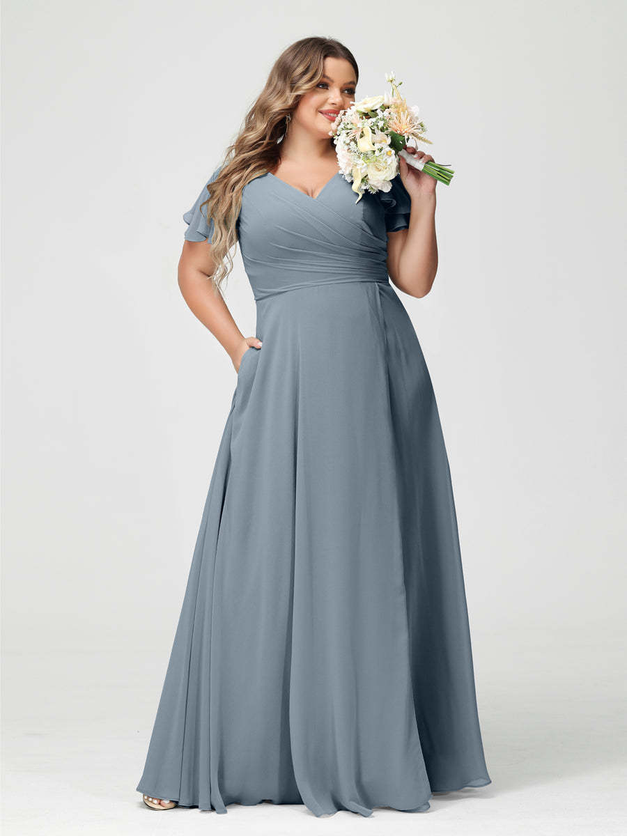 Plus Size Chiffon Bridesmaid Dress with Pockets and Side Split - A-Line Princess V-Neck Short Sleeves-BMbridal.UK