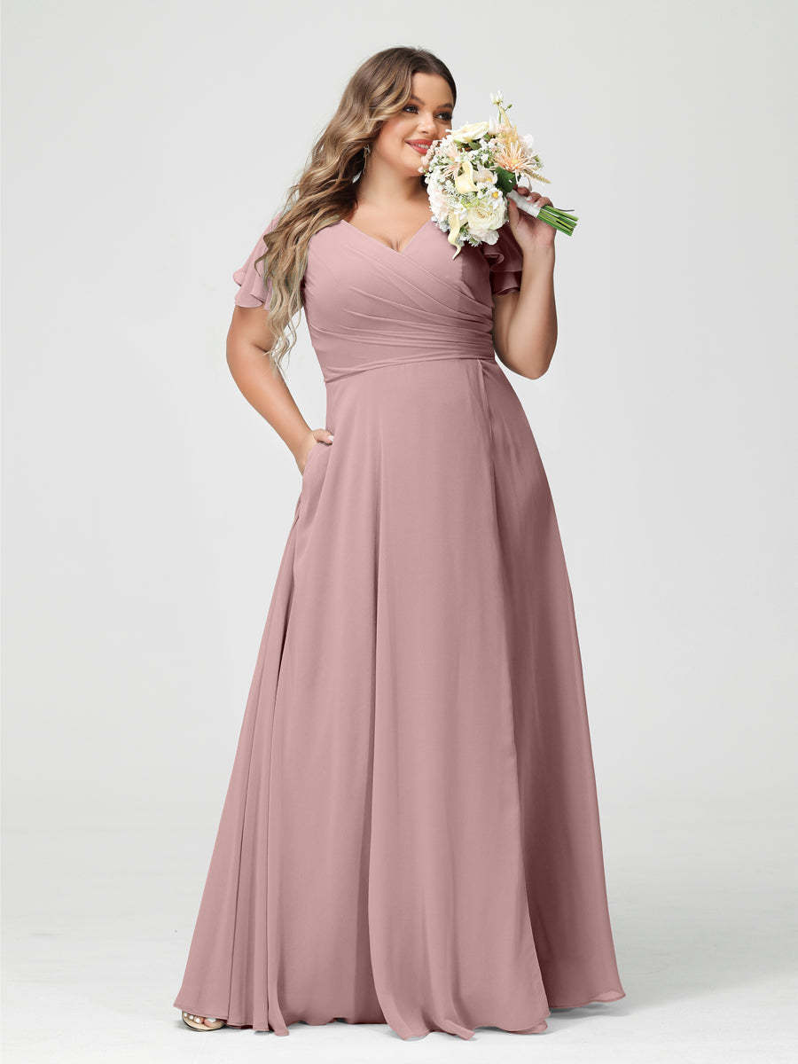 Plus Size Chiffon Bridesmaid Dress with Pockets and Side Split - A-Line Princess V-Neck Short Sleeves-BMbridal.UK