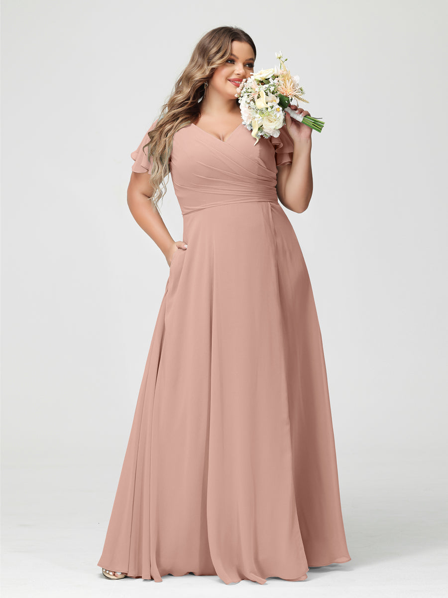 Plus Size Chiffon Bridesmaid Dress with Pockets and Side Split - A-Line Princess V-Neck Short Sleeves-BMbridal.UK