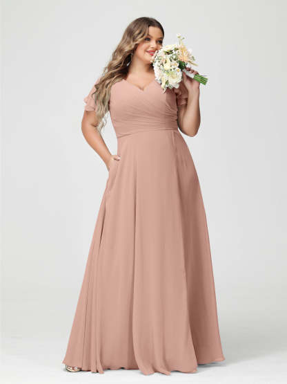 Plus Size Chiffon Bridesmaid Dress with Pockets and Side Split - A-Line Princess V-Neck Short Sleeves-BMbridal.UK