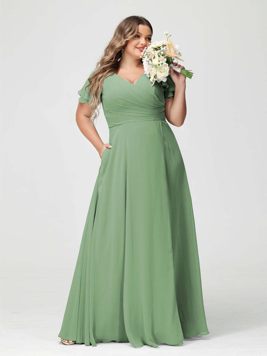 Plus Size Chiffon Bridesmaid Dress with Pockets and Side Split - A-Line Princess V-Neck Short Sleeves-BMbridal.UK