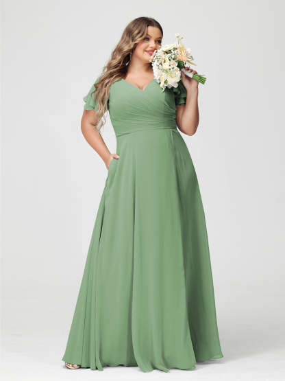 Plus Size Chiffon Bridesmaid Dress with Pockets and Side Split - A-Line Princess V-Neck Short Sleeves-BMbridal.UK