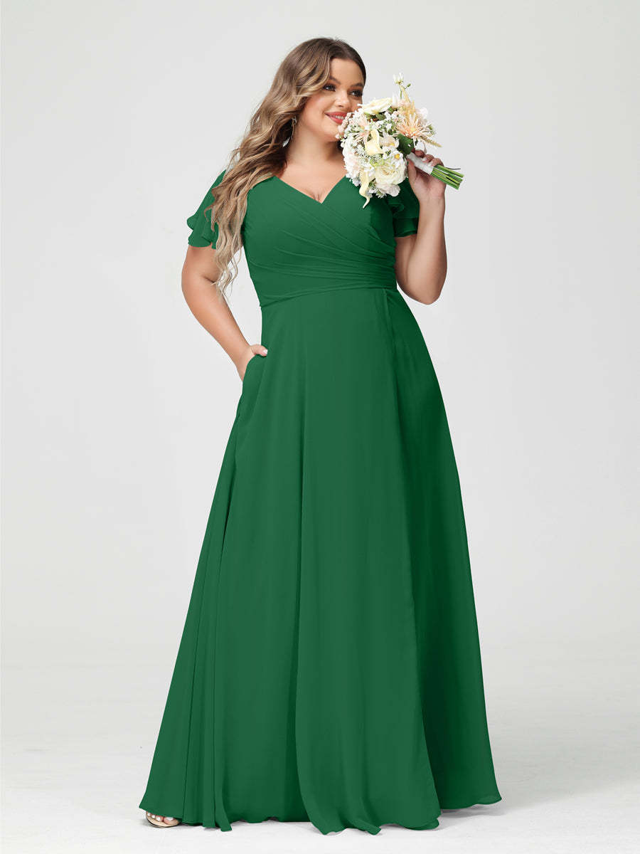 Plus Size Chiffon Bridesmaid Dress with Pockets and Side Split - A-Line Princess V-Neck Short Sleeves-BMbridal.UK