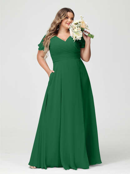 Plus Size Chiffon Bridesmaid Dress with Pockets and Side Split - A-Line Princess V-Neck Short Sleeves-BMbridal.UK