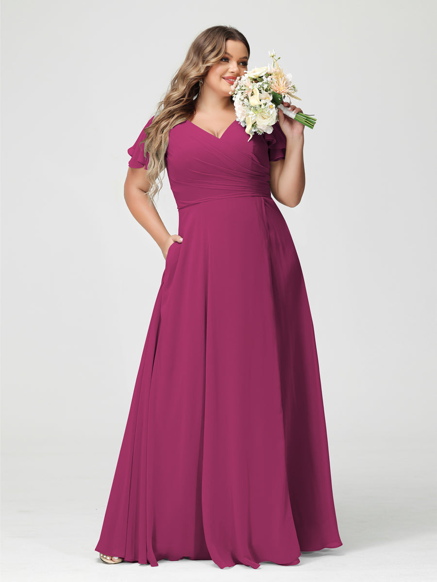 Plus Size Chiffon Bridesmaid Dress with Pockets and Side Split - A-Line Princess V-Neck Short Sleeves-BMbridal.UK
