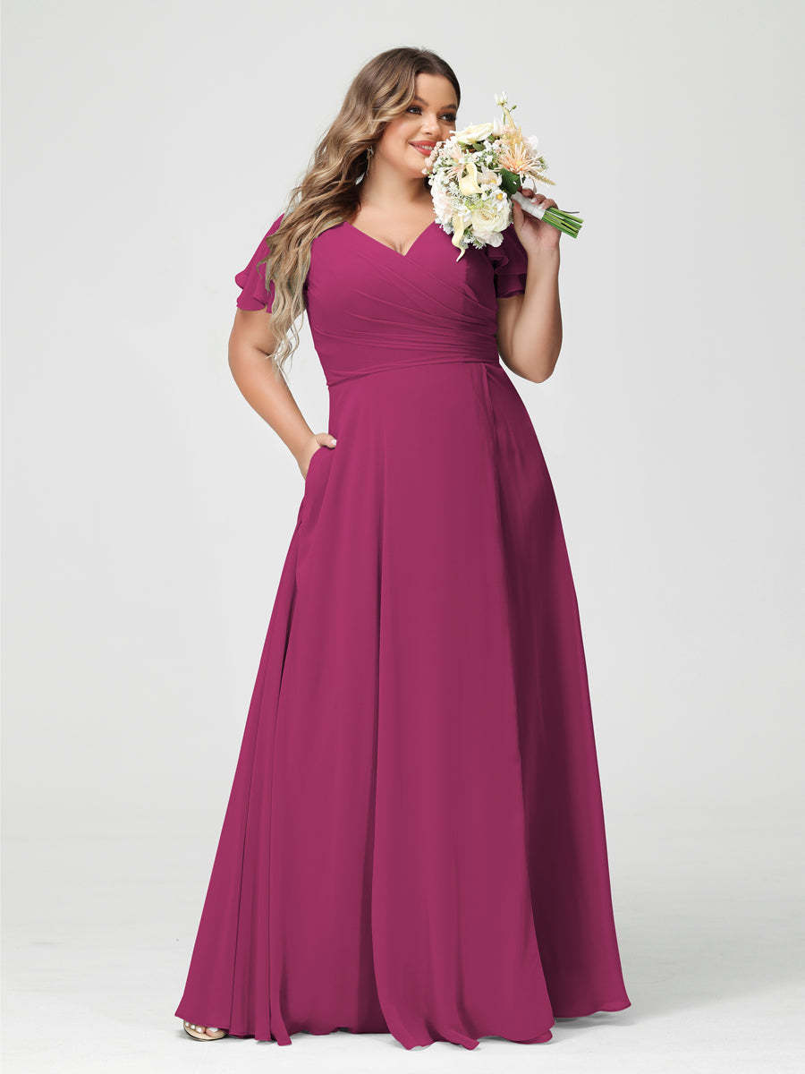 Plus Size Chiffon Bridesmaid Dress with Pockets and Side Split - A-Line Princess V-Neck Short Sleeves-BMbridal.UK