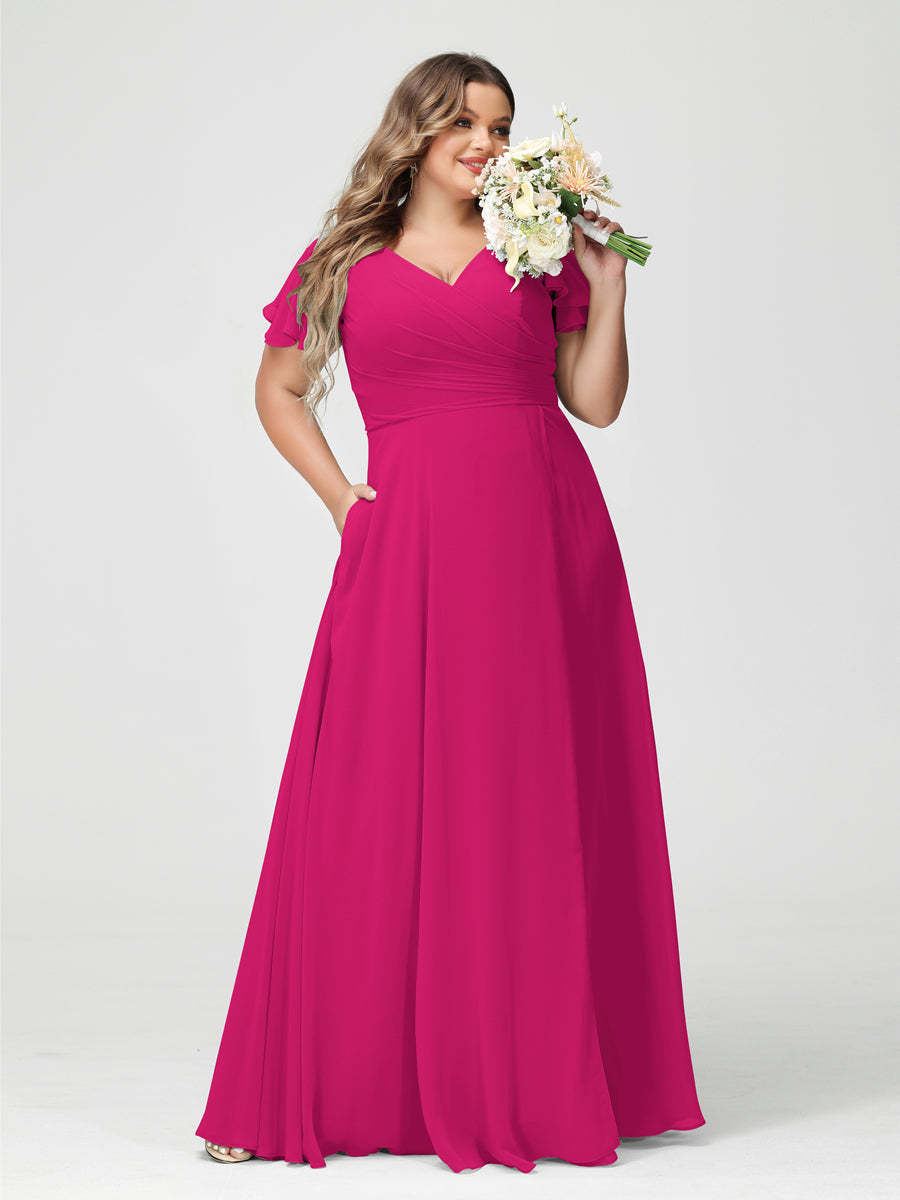 Plus Size Chiffon Bridesmaid Dress with Pockets and Side Split - A-Line Princess V-Neck Short Sleeves-BMbridal.UK