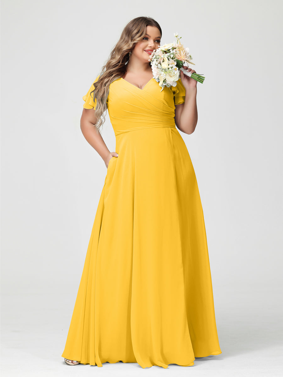 Plus Size Chiffon Bridesmaid Dress with Pockets and Side Split - A-Line Princess V-Neck Short Sleeves-BMbridal.UK
