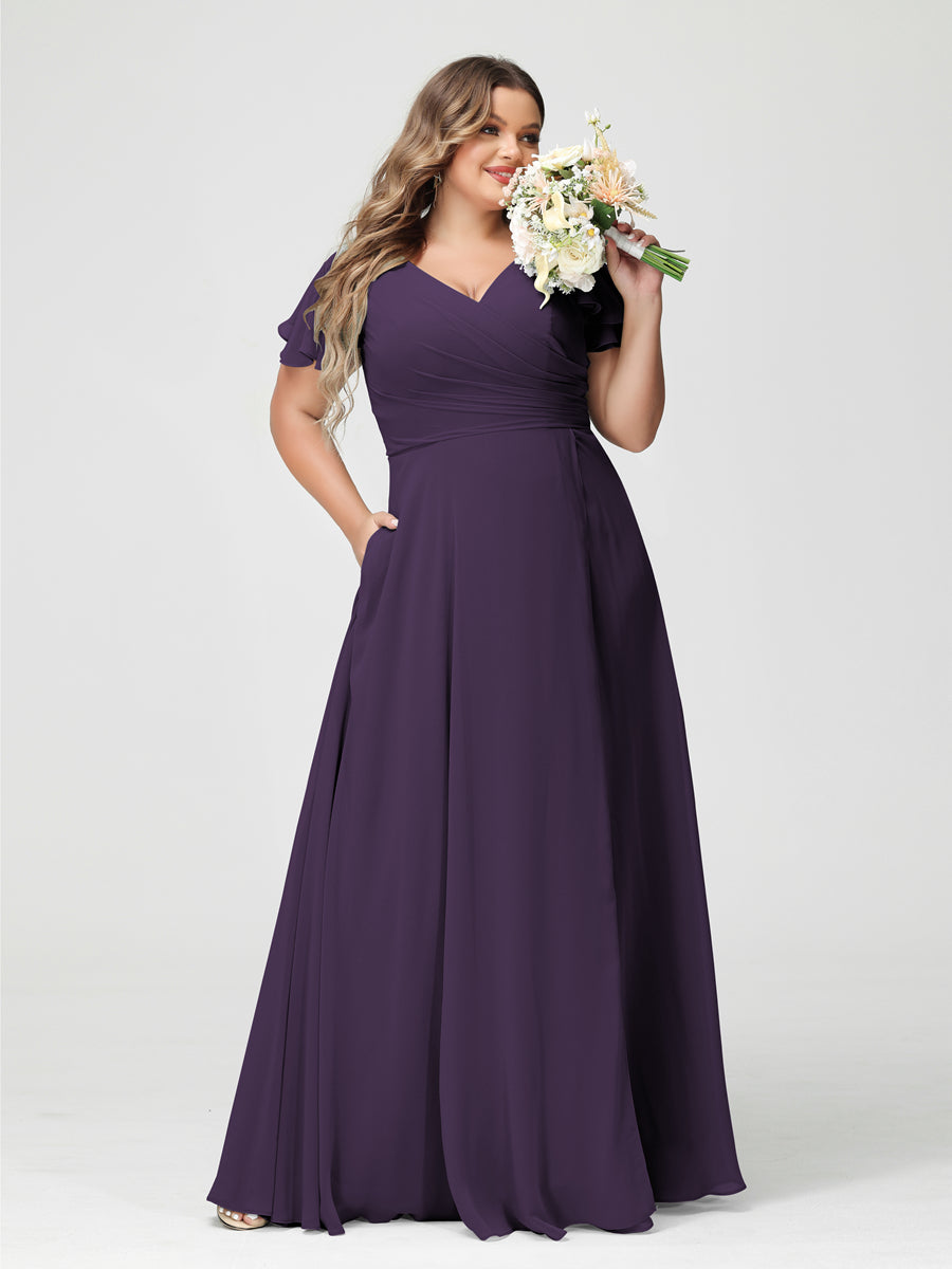 Plus Size Chiffon Bridesmaid Dress with Pockets and Side Split - A-Line Princess V-Neck Short Sleeves-BMbridal.UK