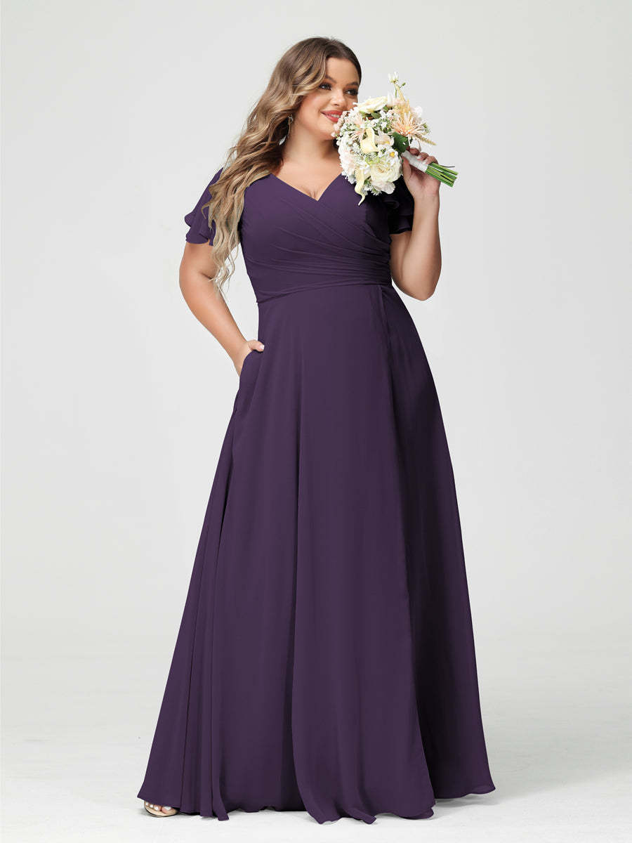 Plus Size Chiffon Bridesmaid Dress with Pockets and Side Split - A-Line Princess V-Neck Short Sleeves-BMbridal.UK