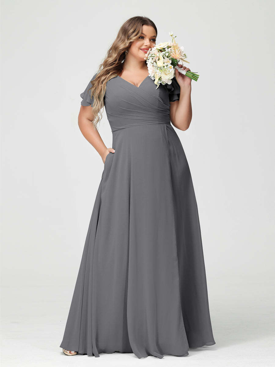 Plus Size Chiffon Bridesmaid Dress with Pockets and Side Split - A-Line Princess V-Neck Short Sleeves-BMbridal.UK