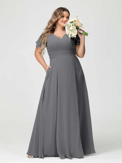 Plus Size Chiffon Bridesmaid Dress with Pockets and Side Split - A-Line Princess V-Neck Short Sleeves-BMbridal.UK