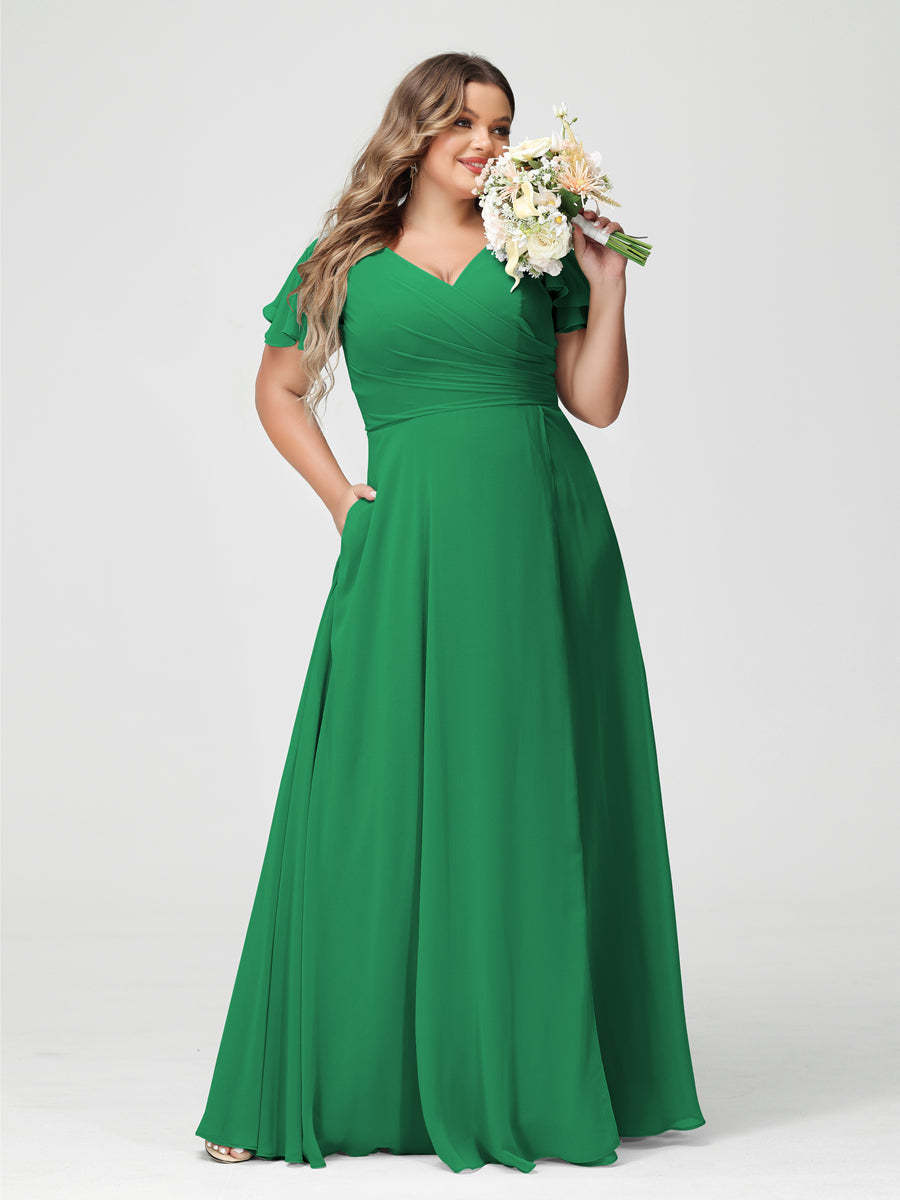 Plus Size Chiffon Bridesmaid Dress with Pockets and Side Split - A-Line Princess V-Neck Short Sleeves-BMbridal.UK