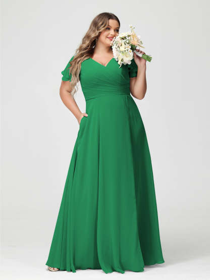 Plus Size Chiffon Bridesmaid Dress with Pockets and Side Split - A-Line Princess V-Neck Short Sleeves-BMbridal.UK