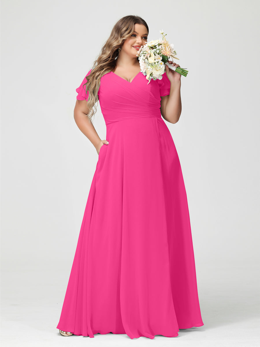Plus Size Chiffon Bridesmaid Dress with Pockets and Side Split - A-Line Princess V-Neck Short Sleeves-BMbridal.UK