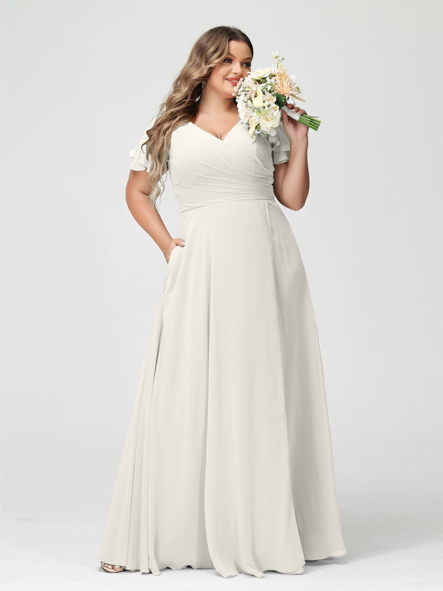 Plus Size Chiffon Bridesmaid Dress with Pockets and Side Split - A-Line Princess V-Neck Short Sleeves-BMbridal.UK