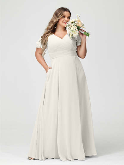 Plus Size Chiffon Bridesmaid Dress with Pockets and Side Split - A-Line Princess V-Neck Short Sleeves-BMbridal.UK