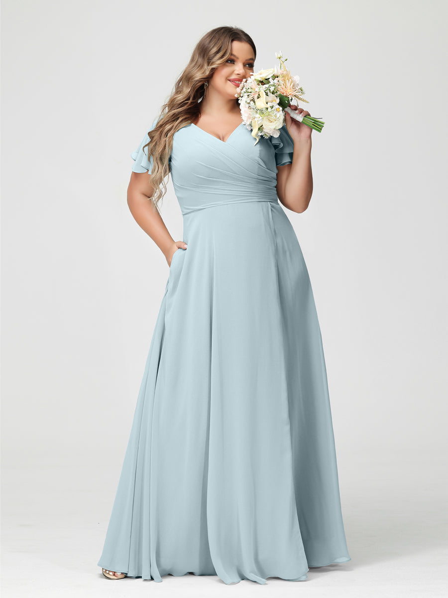Plus Size Chiffon Bridesmaid Dress with Pockets and Side Split - A-Line Princess V-Neck Short Sleeves-BMbridal.UK
