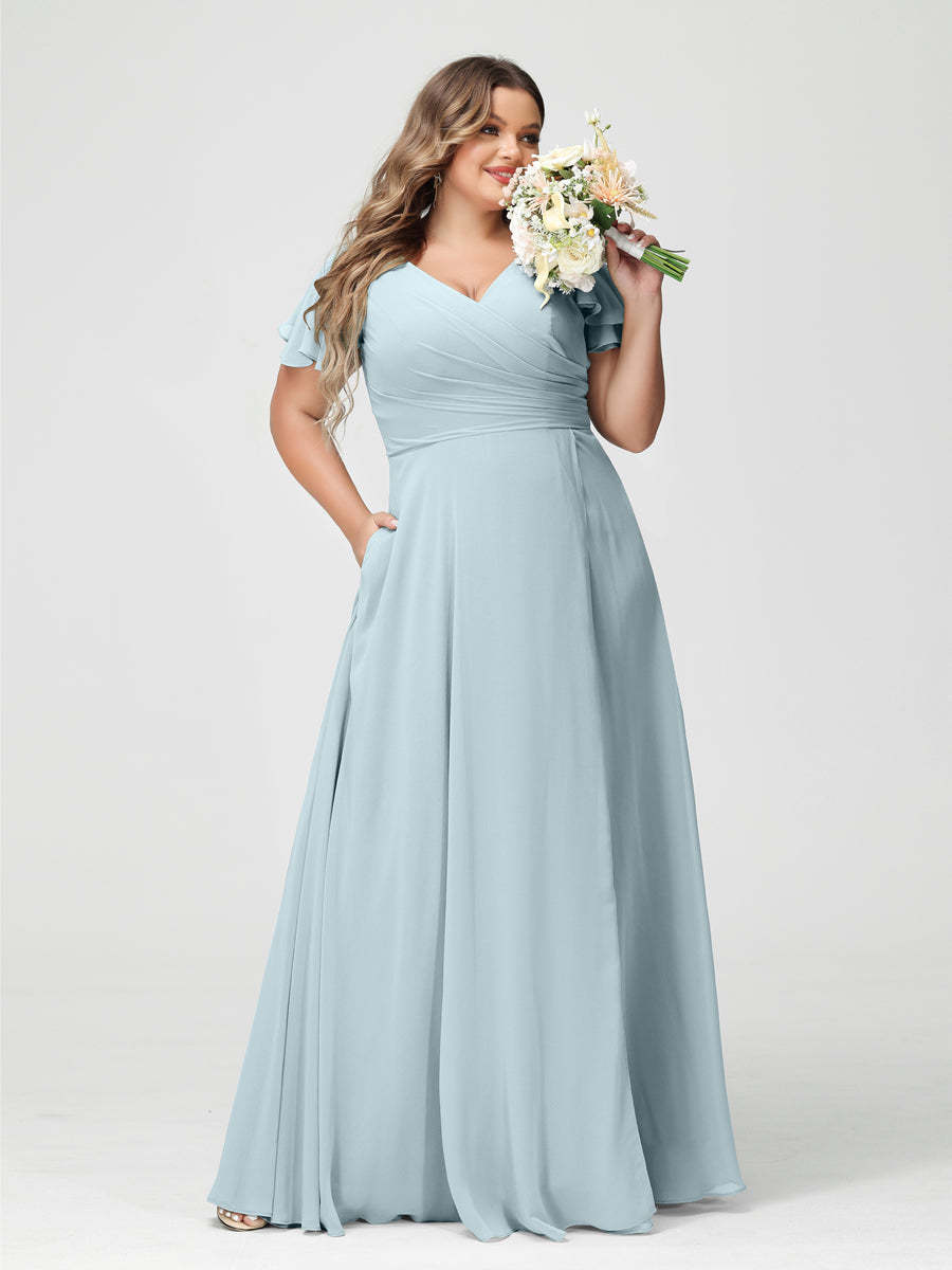 Plus Size Chiffon Bridesmaid Dress with Pockets and Side Split - A-Line Princess V-Neck Short Sleeves-BMbridal.UK