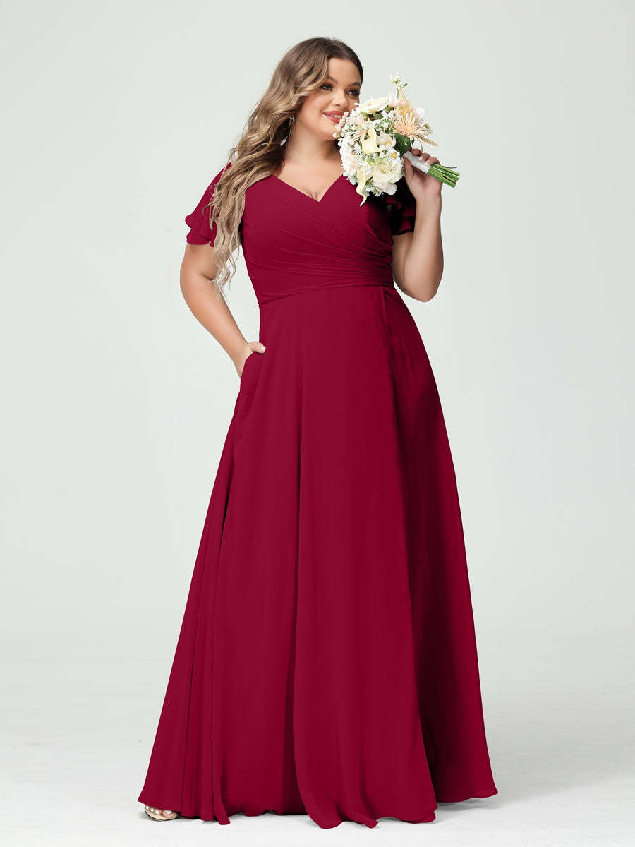 Plus Size Chiffon Bridesmaid Dress with Pockets and Side Split - A-Line Princess V-Neck Short Sleeves-BMbridal.UK