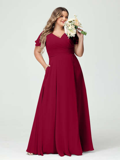 Plus Size Chiffon Bridesmaid Dress with Pockets and Side Split - A-Line Princess V-Neck Short Sleeves-BMbridal.UK