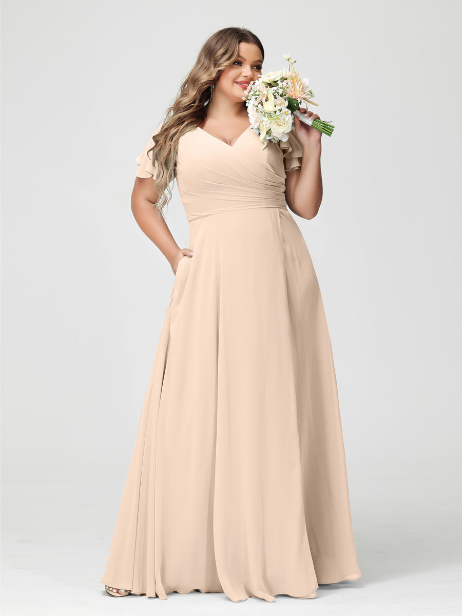Plus Size Chiffon Bridesmaid Dress with Pockets and Side Split - A-Line Princess V-Neck Short Sleeves-BMbridal.UK