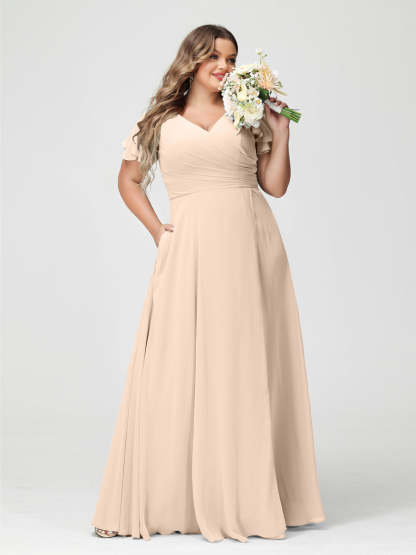 Plus Size Chiffon Bridesmaid Dress with Pockets and Side Split - A-Line Princess V-Neck Short Sleeves-BMbridal.UK