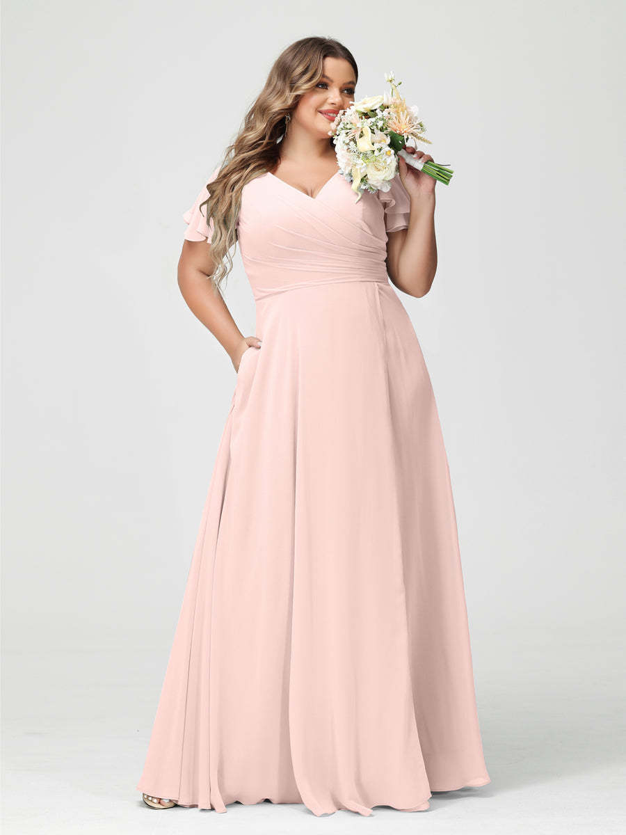 Plus Size Chiffon Bridesmaid Dress with Pockets and Side Split - A-Line Princess V-Neck Short Sleeves-BMbridal.UK
