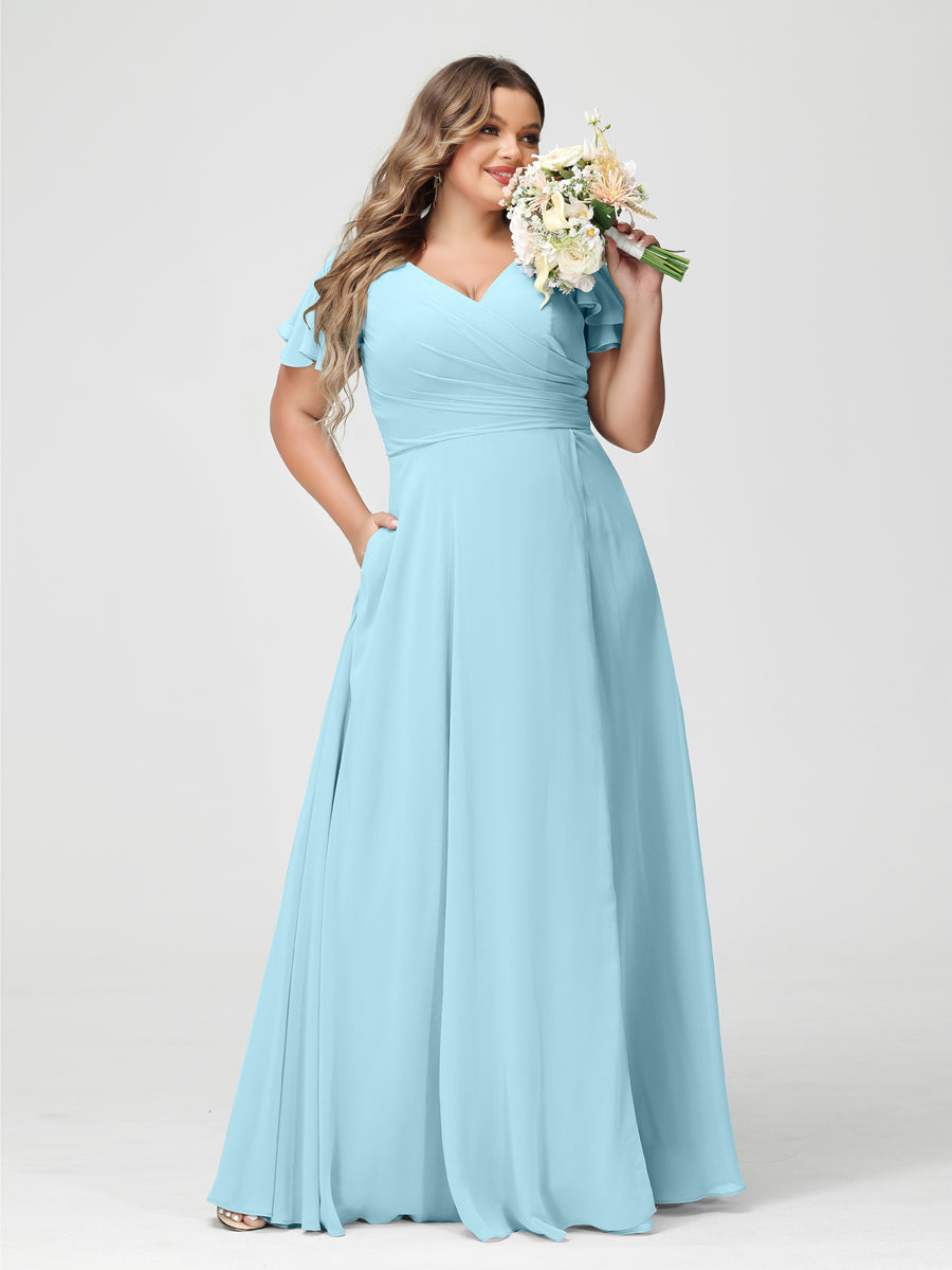 Plus Size Chiffon Bridesmaid Dress with Pockets and Side Split - A-Line Princess V-Neck Short Sleeves-BMbridal.UK