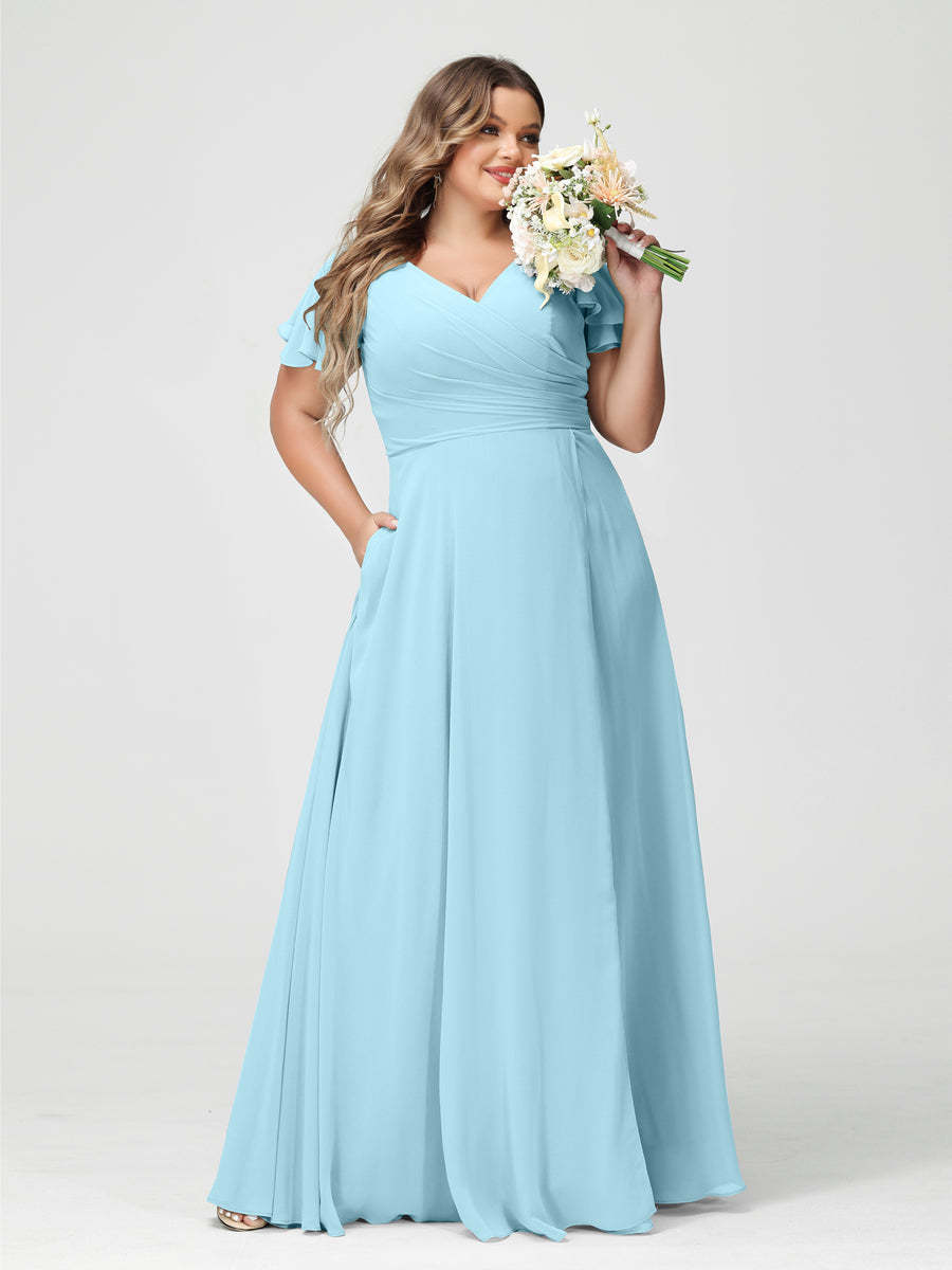 Plus Size Chiffon Bridesmaid Dress with Pockets and Side Split - A-Line Princess V-Neck Short Sleeves-BMbridal.UK