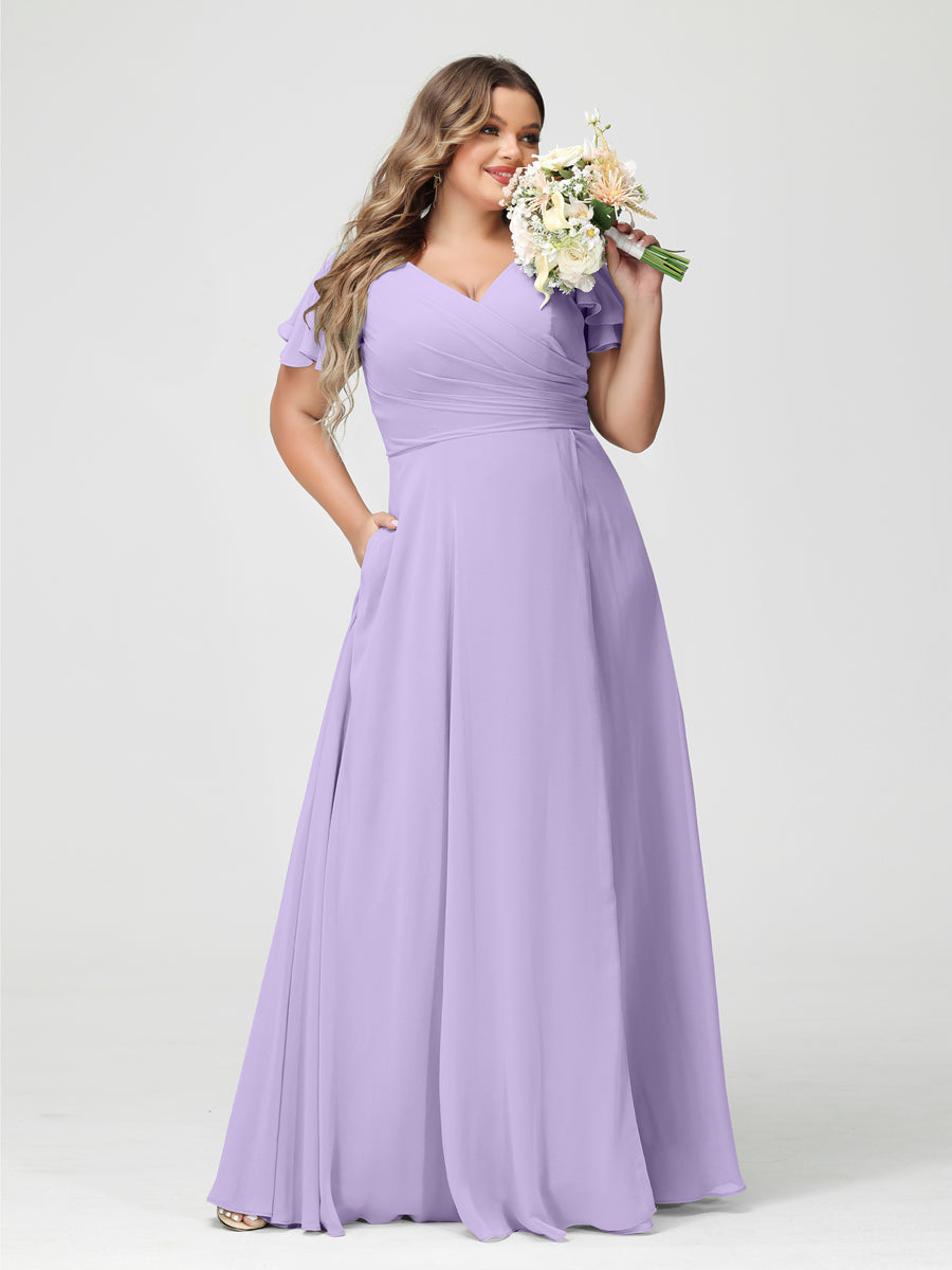 Plus Size Chiffon Bridesmaid Dress with Pockets and Side Split - A-Line Princess V-Neck Short Sleeves-BMbridal.UK