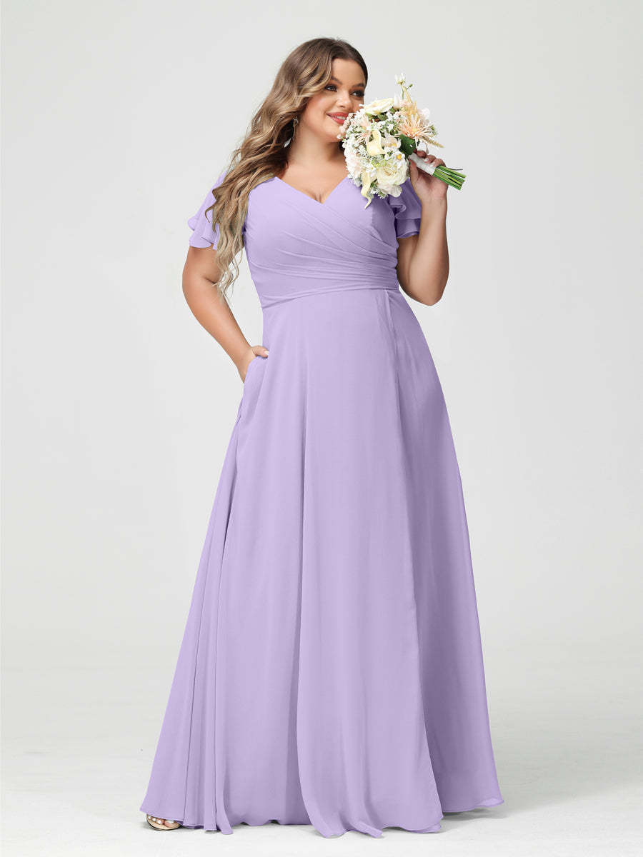 Plus Size Chiffon Bridesmaid Dress with Pockets and Side Split - A-Line Princess V-Neck Short Sleeves-BMbridal.UK