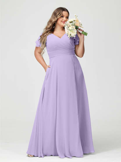 Plus Size Chiffon Bridesmaid Dress with Pockets and Side Split - A-Line Princess V-Neck Short Sleeves-BMbridal.UK