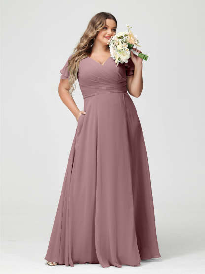 Plus Size Chiffon Bridesmaid Dress with Pockets and Side Split - A-Line Princess V-Neck Short Sleeves-BMbridal.UK