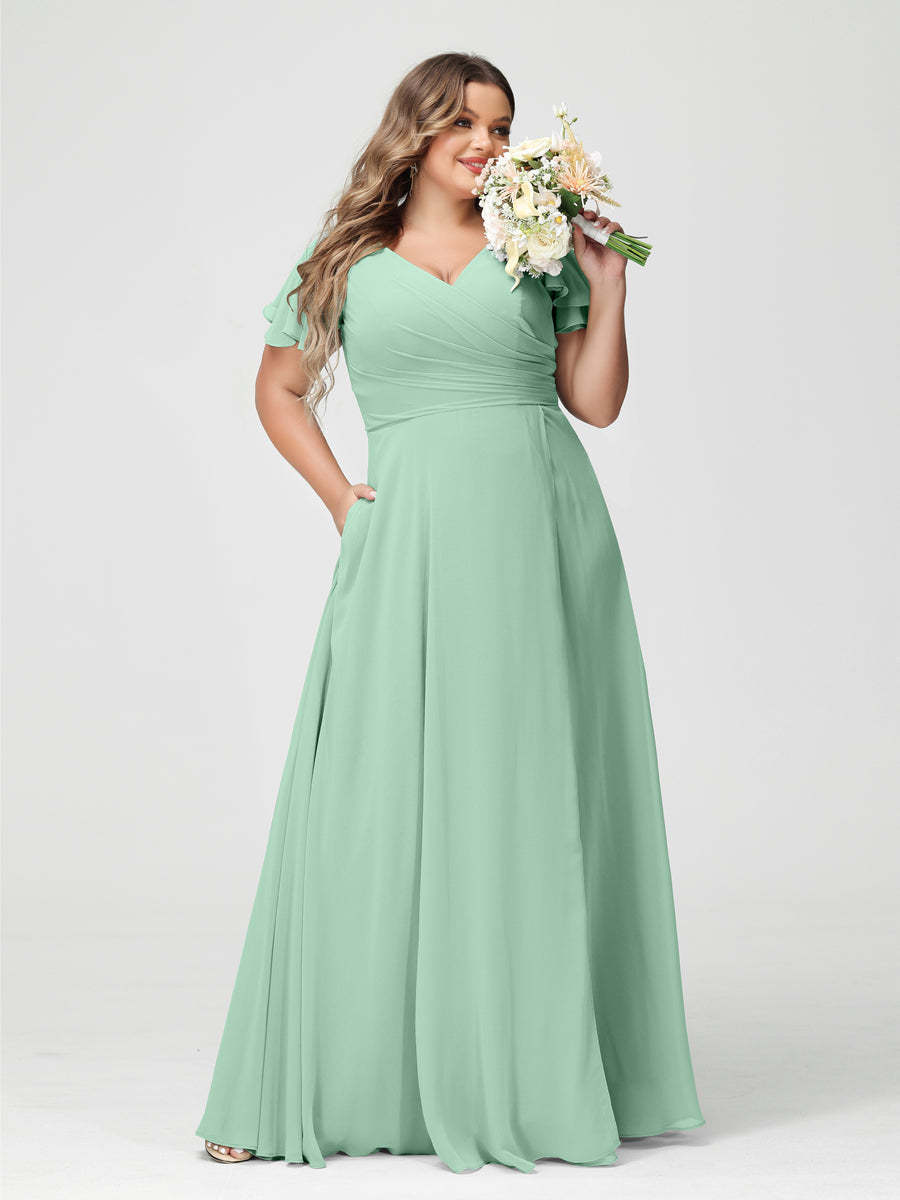 Plus Size Chiffon Bridesmaid Dress with Pockets and Side Split - A-Line Princess V-Neck Short Sleeves-BMbridal.UK